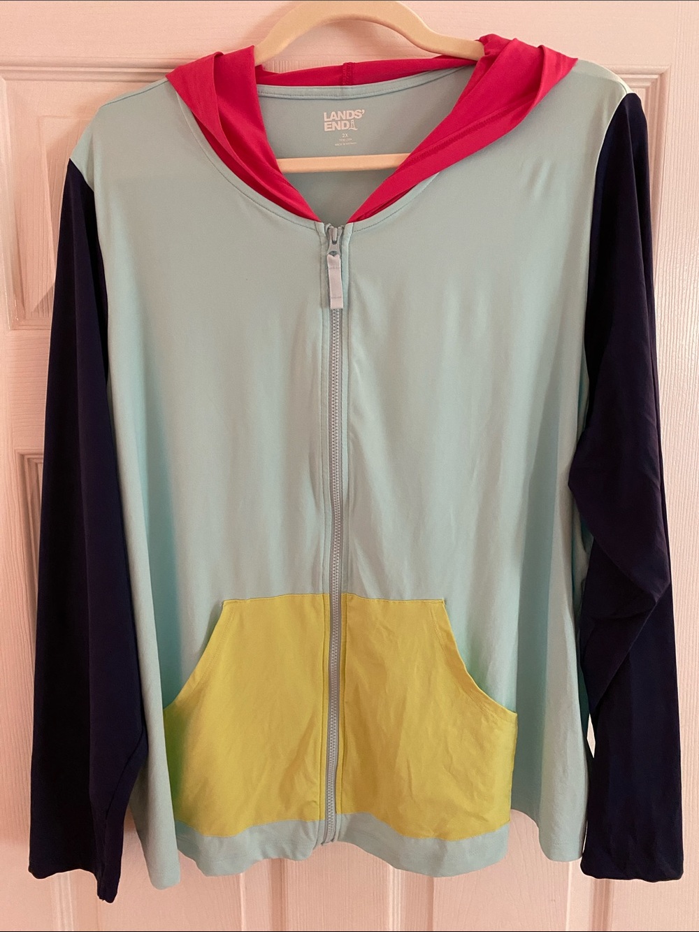 Lands' End Colorblock Zip spf 50 Coverup Hoodie in Mint, Navy, Hot Pink & Yellow